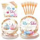 96Pcs Fall Pumpkin Gender Reveal Party Decorations Fall Gender Reveal Paper Plates Disposable He or She What Will Our Pumpkin Be Gender Reveal Tableware for Boy or Girl Baby Shower Party Supplies