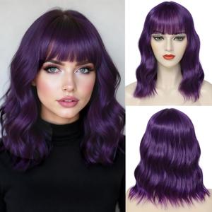 Beelu Purple Bob Wig- Dark Purple Short Loose Wavy Bob Wig with Bangs for Women Synthetic Colorful Cosplay Wig Halloween Costume Wigs for Girl