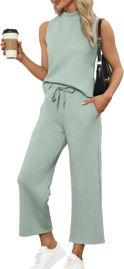 SAMPEEL Two Piece Sets for Women Summer Outfits Lounge Sets Mock Neck Tops Wide Leg Crop Pants Vacation Travel Outfits (Small, Sage Green)