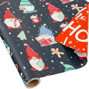 CAMKUZON Reversible Christmas Wrapping Paper Roll for Kids Baby - Funny Gnome in Black, HO HO HO & Snowflake Christmas Tree in Red - Cartoon Holiday Gift Wrap Paper, 17.7 Inch Pack of 4
