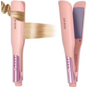 Hair Straightener, 1.25 Flat Iron and Curler 2 in 1, Ceramic Coating, Quick Heat Up, 4 Temp. Options, for All Hair Type, Less Frizz, Shinier and Smoother, Dual Voltage for Travel (Pink)