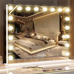 VANITII Vanity Mirror with Lights 22.8" x 31.5" 18 Bulbs 3 Color Modes Large Lighted Hollywood Makeup Mirror with USB Charging Port and 10X Magnification for Bedroom Desktop