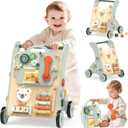 Wooden Baby Walker, Adjustable Speed Baby Push Walker for 1 Year Old, 10-in-1 Montessori Walker for Boys & Girls, Toddler Sit-to-Stand Learning Toy with Detachable Busy Board