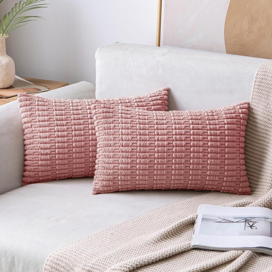MIULEE Pack of 2 Blush Pink Throw Pillow Covers 12x20 Inch Corduroy Decorative Couch Pillow Covers Soft Boho Striped Pillow Covers Valentine's Day Modern Home Decor for Sofa Living Room Bed