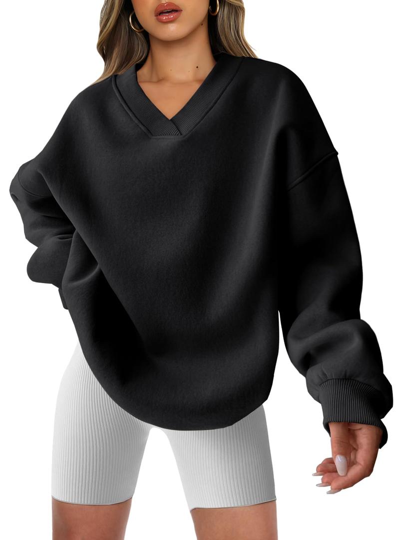 ANRABESS Womens Oversized V Neck Sweatshirt Fleece Long Sleeve Hoodies Pullover Comfy Top 2026 Outfits Teen Preppy Clothes Black X-Large