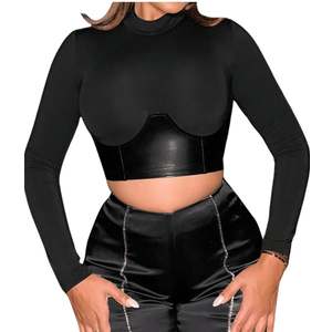 MakeMeChic Women's Faux Leather Mock Neck Long Sleeve Tee Shirts Party Crop Tops M
