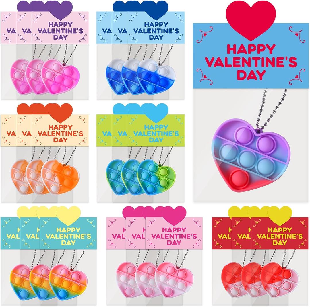 Valentines Cards for Kids, 24 Packs Heart Pop Valentines Fidget Toys Bulk Stress Relief Fidget Toys for Kids Valentines Party Favors School Classroom Exchange