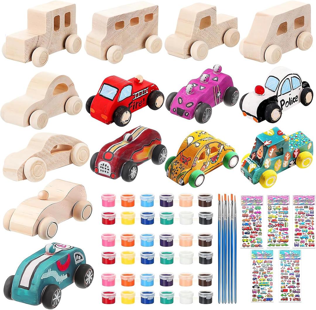 WOWOSS 14 Pcs Wooden Cars to Paint, Unfinished Wooden Craft Painting Toys for Students, Race Car Party Birthday Party Favors, with 3 Sets of Paint & 5 Car Sticker Sheets