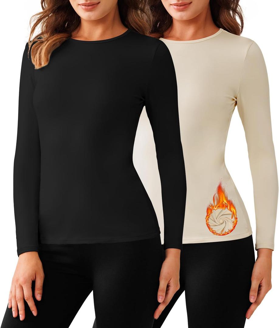 Bonneuitbebe Women's 2 Pack Long Sleeve Thermal Shirts Soft Crewneck Undershirt Tops Lightweight Base Layer Cold Weather (S)