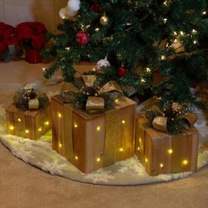 Alpine Corporation 3 Piece Wooden Gift Box Christmas Decor with LED Lights, Golden Ribbon