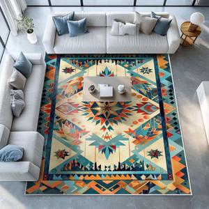 8x10 Aztec Rug Western Area Rug Southwestern Tribal Orange Blue Bedroom Ultra-Thin Soft Low Pile Large Carpet Living Room Non Slip Dining Room Stain Resistant Office Washable Machine