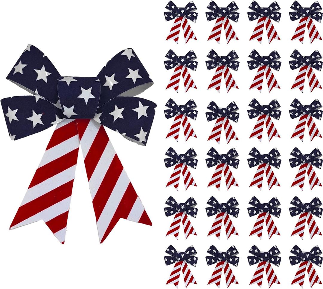 20Pcs Patriotic PVC Velvet Bows 5.9x5.9 inch, Red White Blue Plastic Velvet Bows with 3D Shape for 4th of July Decor, Party Favors, Gift Wrapping, Memorial Day, Independence Day