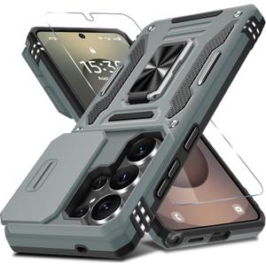 DEERLAMN Case for Samsung Galaxy S26 Ultra 6.9-Inch with Slide Camera Cover+Screen Protector(1 Pack), Rotated Ring Kickstand Military Grade Shockproof Protective Cover-Grey