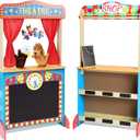Deluxe Wooden Puppet Theater with Curtains, Blackboard and Clock, Double-Sided Play Store 3-8Y & Kid Puppet Show Theater with 2 Hand Puppets and 4 Finger Puppets for Toddlers 3+