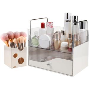 DASITON Makeup Organizer with Drawer for Vanity, Large Skincare Organizers and Storage Box, Cosmetic Display Case for Dresser, Bathroom Countertop, Easy to Store Cosmetics Beauty Products (Cream 01) DASITON Makeup Organizer with Drawer for Vanity, Large Skincare Organizers and Storage Box, Cosmetic Display Case for Dresser, Bathroom Countertop, Easy to Store Cosmetics Beauty Products (Cream 01)