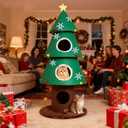 Christmas Cat Tree with 3 Cat Houses, 59 inch Cat Tower for Indoor Cats, Cat Furniture with Teaser Toy for Christmas Decoration