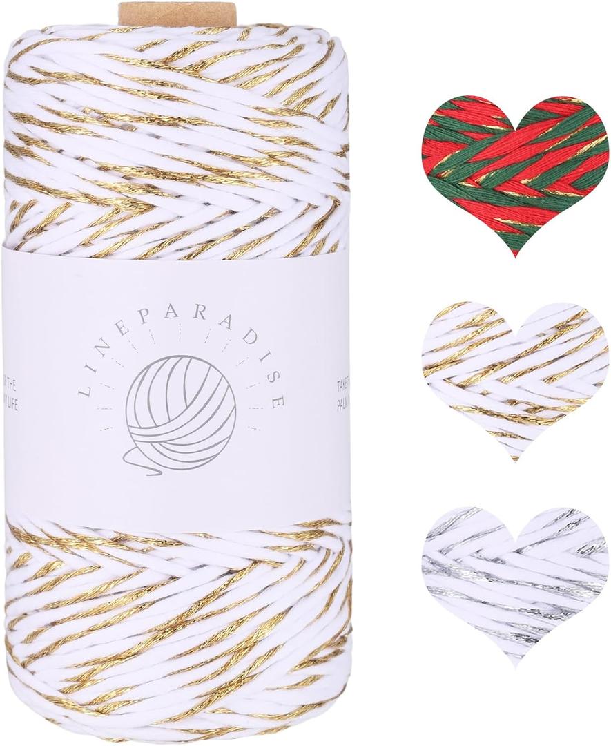 Macrame Cord 3mmx109 Yards Cotton Shiny Macrame Rope for DIY Christmas Macrame Birthday & Holiday Wall Home Party Decor Crochet and Knitting Adults Kids Beginners-White and Gold