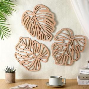 Palm Leaves Wood Wall Decor , 3Pcs Tropical Wall Art Jungle Decor, Wooden Natural Leaves Plant Wall Decor, Vintage Tropical Plant Plaque for Home Living Room Kitchen Bedroom Bathroom & Garden, Light Brown