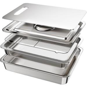 5-Piece Grill Carry System, Large Stainless Steel Grill Prep Trays with Oil Drain Rack, Marinade Container with Lid, Nested Storage, Grilling Prep and Serve Trays, Ideal for Outdoor Grilling