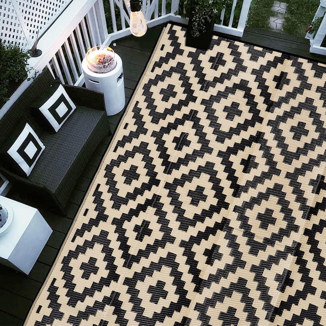 SAND MINE Waterproof Outdoor Rug 9x12 ft, Plastic Reversible Rug, Modern Area Rug, Large Floor Mat for Outdoors, RV, Patio, Backyard, Deck, Picnic, Beach, Camping,  Black & Beige, 9' x 12'