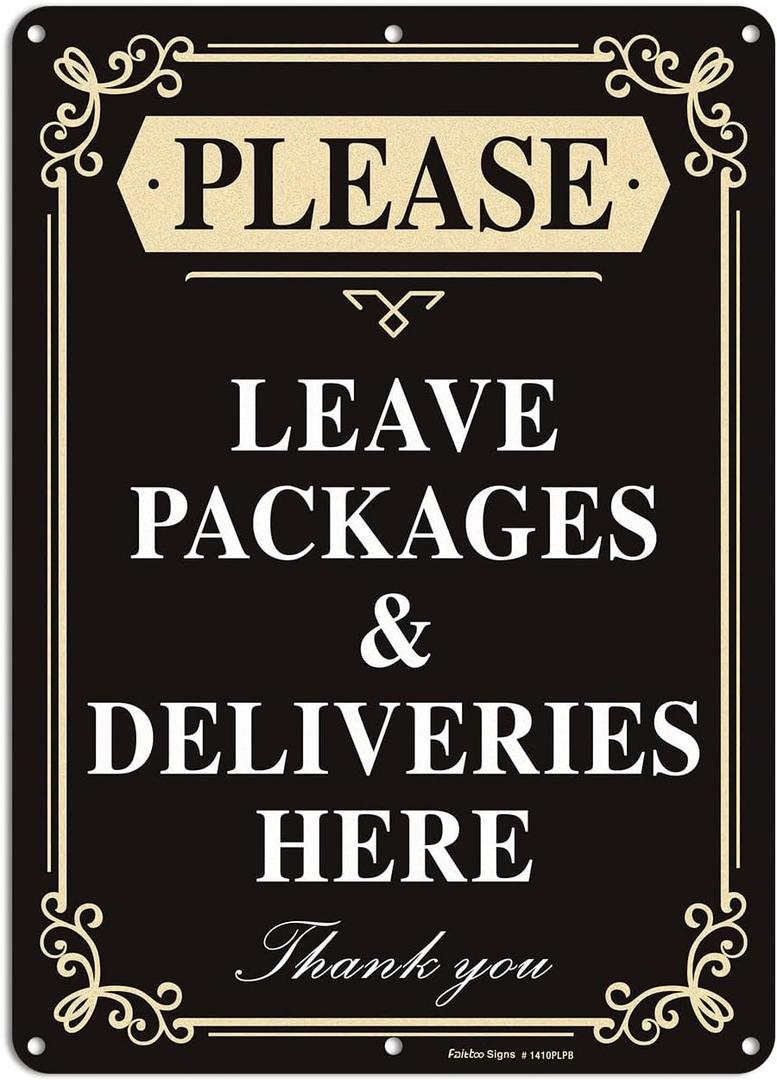 Faittoo Please Leave Packages and Deliveries Here Sign,  Black - 14 x 10 inch Aluminum - 1 Pack Reflective Aluminum Sign, UV Protected and Weatherproof, Durable Ink, Easy to Install and Read, Indoor/Outdoors Use