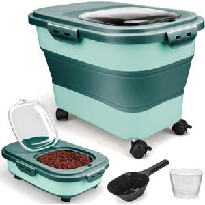 Viretec Dog Food Storage Container, 10-20Lbs Collapsible Pet Food Storage Containers with Rolling Wheel Airtight Locking Lid, Dry Food Storage Bin with Cup and Scoop,Suitable for Pet Food, Flour, Rice (Green)