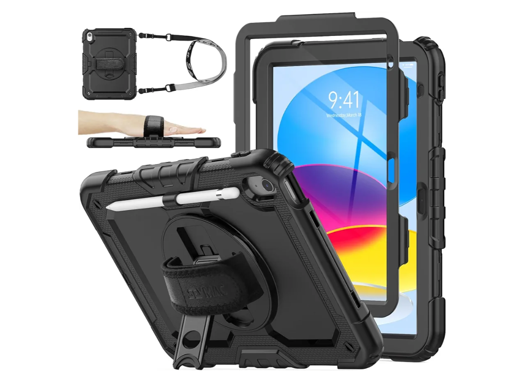 SEYMAC stock Case for iPad (A16) 11th/10th Generation 11''/10.9'' 2025/2022, Full-Body Drop Protection Case with Screen Protector &360° Rotate Hand Strap/Stand, Black