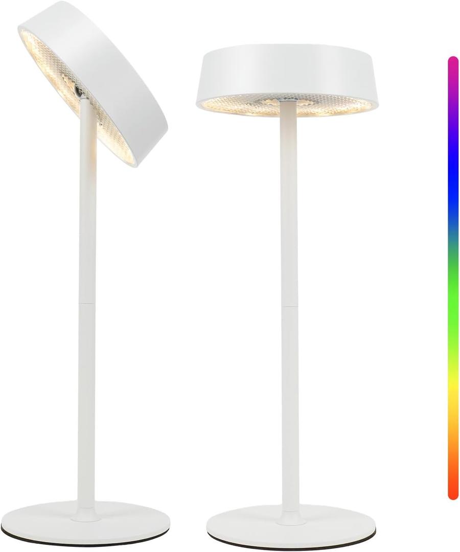 Cordless Lamp, Rechargeable Table Lamp, Battery Operated, RGB Dimmable Touch Control, 3 Color Temperatures, LED Memory Function, Portable Outdoor Waterproof, Restaurant Dining Patio Kitchen, White 2Pc