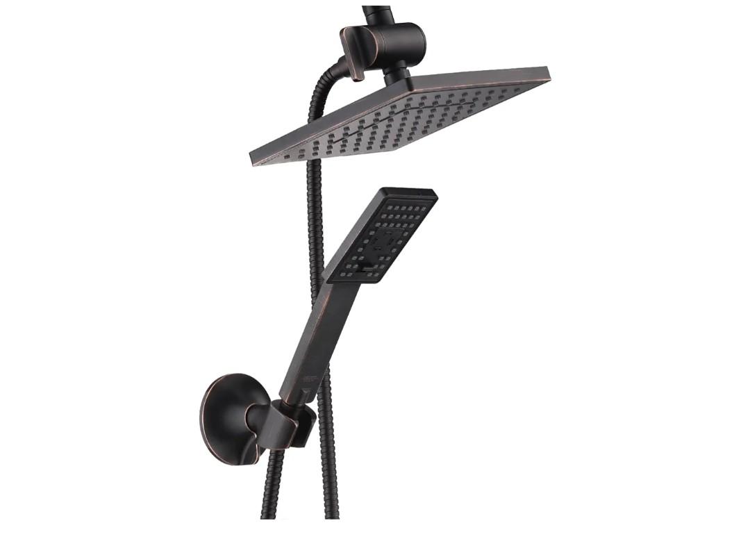 BRIGHT SHOWERS Rain Shower Head with Handheld Spray, 8 Inch Rainfall Shower Head Combo with 60" Hose, Adjustable Dual Square Showerhead Set with 3-Way Diverter, Wall Bracket, Oil-Rubbed Bronze