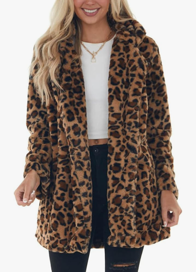 Omoone Women's Faux Fur Jackets Autumn Winter Leopard Coats Loose Fur Coat with Pockets Size XL