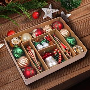 52pcs Christmas Tree Ornaments Set, Plastic Shatterproof Hanging Baubles for Xmas Tree Decor, Holidays and Wedding Party Balls Decorations with a Forest Theme in Bronze Copper Gold & Green