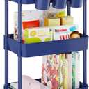 UDEAR 3-Tier Rolling Utility Cart,Multifunctional Storage Shelves with Handle and Lockable Wheels for Room,Office,Kitchen,Bathroom,with 3 Hanging Cups,Blue