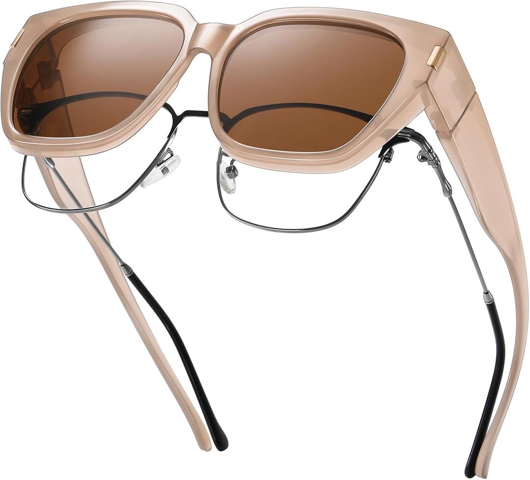 HAOLOTA Polarized Fit Over Glasses Sunglasses for Women Men Trendy Square Wrap Around Shades UV Protection (L Size 06 Cream Brown/Brown)