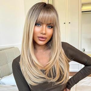 HAIRCUBE Long Blonde Wigs for Women Straight Synthetic Layered Wig with Bangs and Dark Roots
