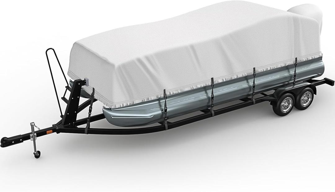 ADODIECA Pontoon Boat Cover 19-21ft, 1200D PU Heavy Duty Marine Grade Pontoon Cover with Motor Cover, Waterproof UV Resistant Oxford Polyester Canvas Cover for Pontoon Boat 19-21 ft, Grey