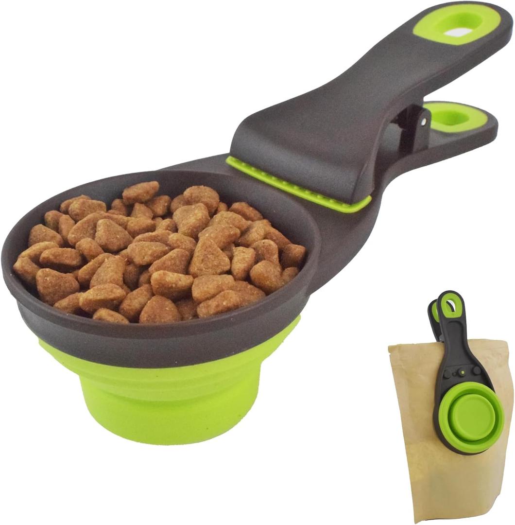Pack Of 3 3 in 1 Multi-Function Dog Food Scoop with Measurements and Bag Clip Collapsible Dog Food Measuring Cup for Animals Silicone Measuring Spoons 1/2 Cup Capacity, Green, S
