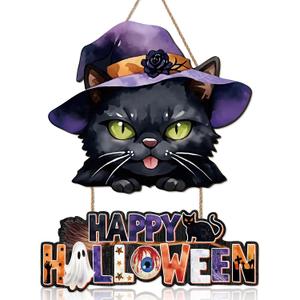 Happy Halloween Door Decoration,Black Cat Sign,Halloween Door Sign,Spooky Black Cat Wall Hanging,Witch Hat Wall Decor,Boo Ghost Plaque for Porch Yard Home Party Haunted House Outdoor Indoor