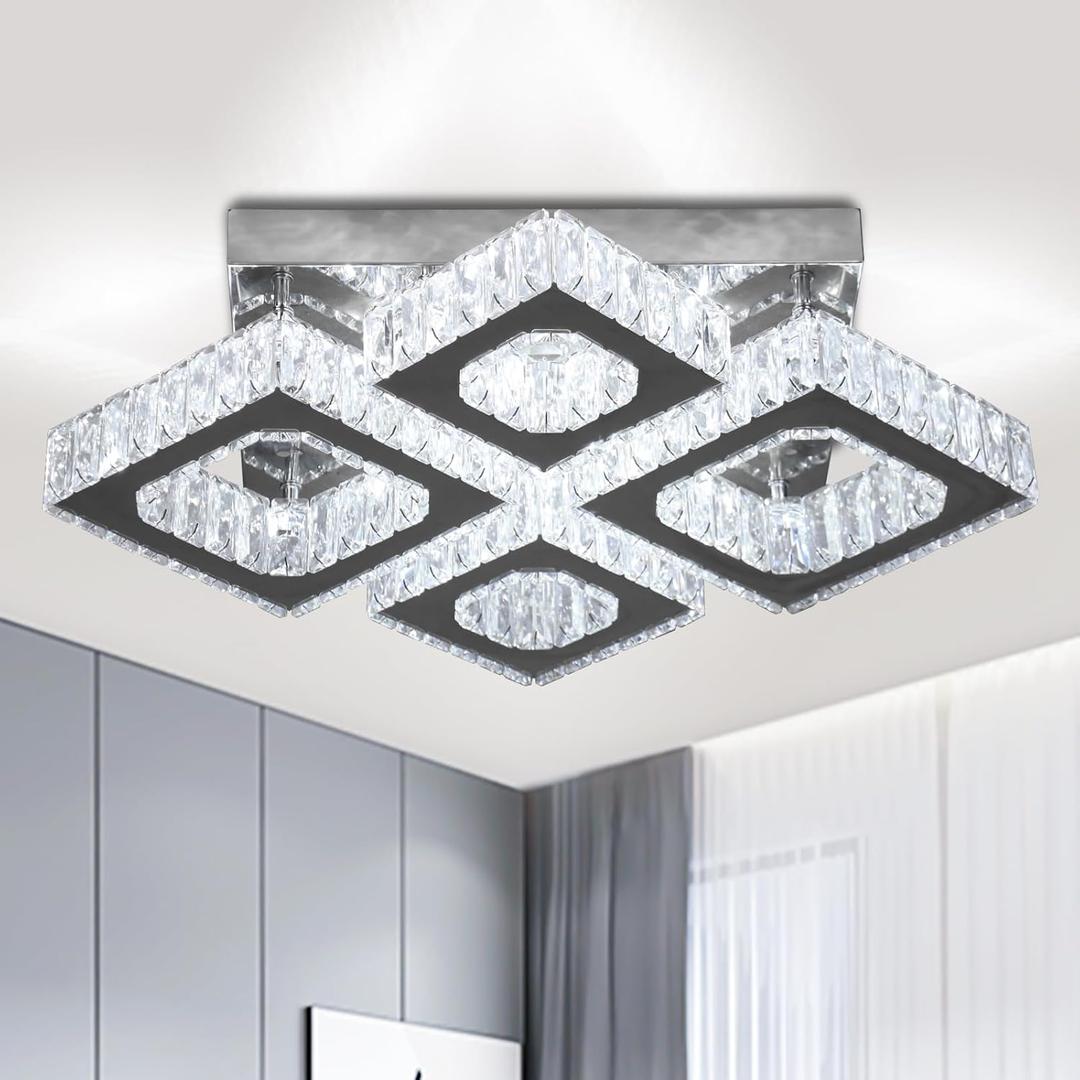 22" Crystal Chandelier Square Ceiling Light Led Flush Mount Ceiling Lighting Modern Crystal 4 Lights Chandeliers for Living Room Bedroom Kitchen (Cool White)