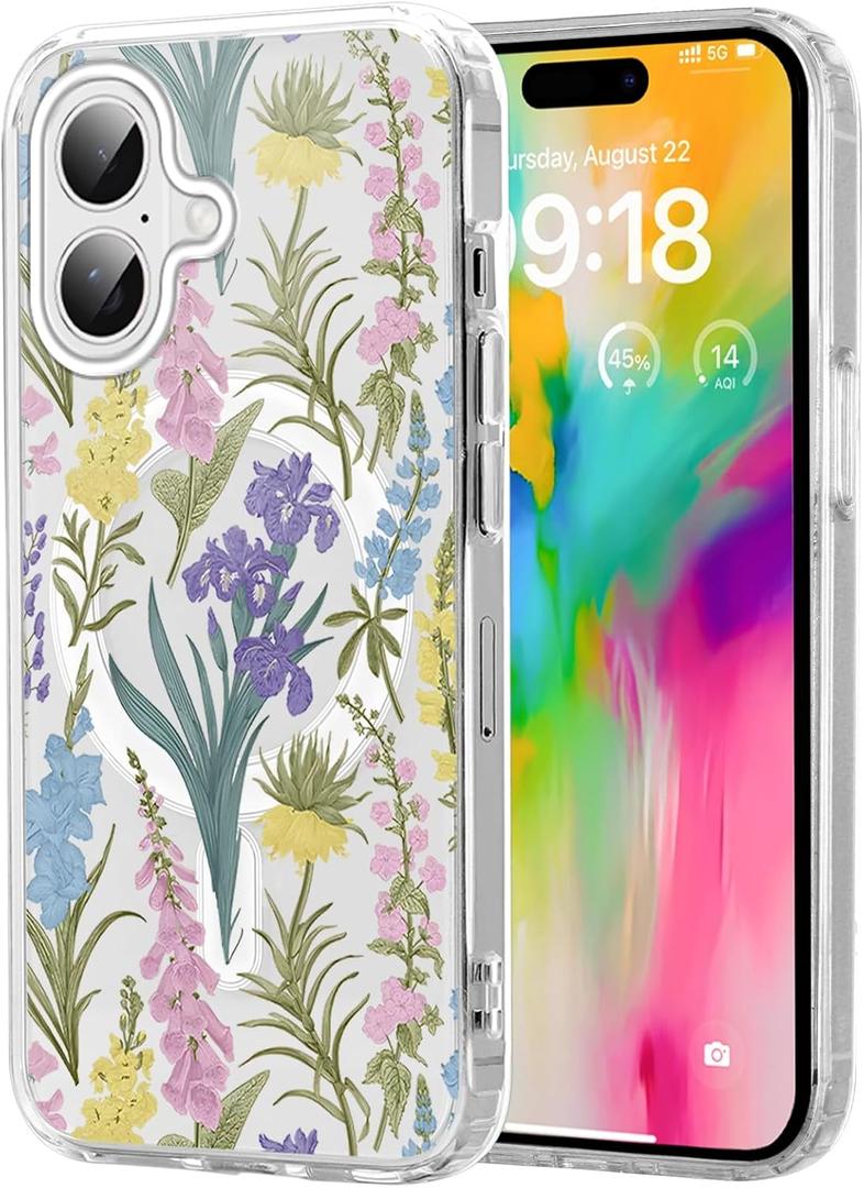 Spring Colorful Flower Phone Case for iPhone 16 Clear Magnetic Case 6.1", Compatible with Magsafe, Cute Floral Pattern Print Design Cover Shockproof Soft Silicone TPU Funda for Girl Women