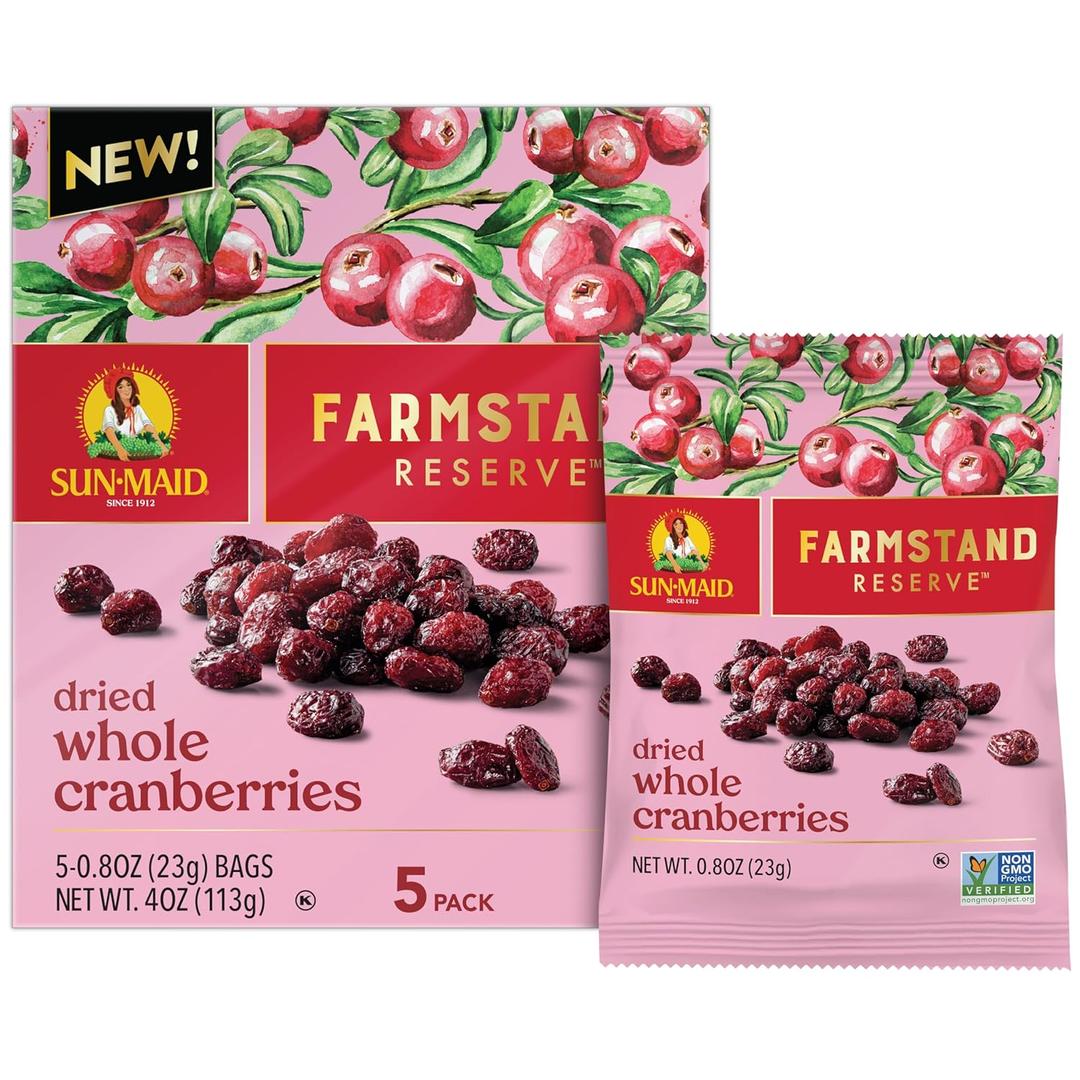 Sun-Maid Farmstand Reserve Whole Dried Cranberries - (5 Pack) 0.8 oz Snack Bag - Dried Fruit Snack for Natural Sweeteners (BB: October 10, 2025) Sun-Maid Farmstand Reserve Whole Dried Cranberries - (5 Pack) 0.8 oz Snack Bag - Dried Fruit Snack for Natural Sweeteners (BB: October 10, 2025)