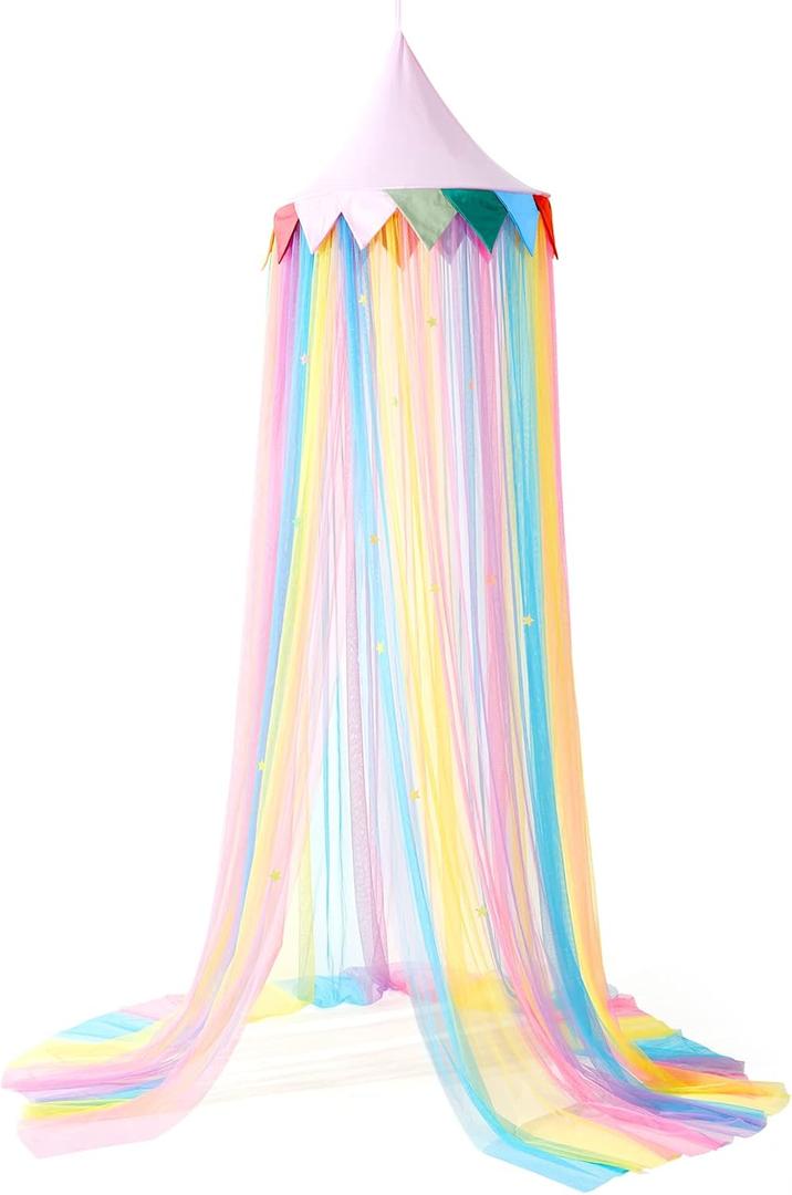 LOAOL Bed Canopy for Kids - Fairy Dream Canopy Bed Curtains with Rainbow Color Hanging Net, Pink Round Dome with Colorful Flag for Reading Nook & Bedroom Decor, Toddler Crib Canopy