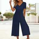 Women Dressy Casual Jumpsuits Elegant High Waist With Pockets Romper Summer Short Sleeves Wide Leg Pants (Blue), XX-Large