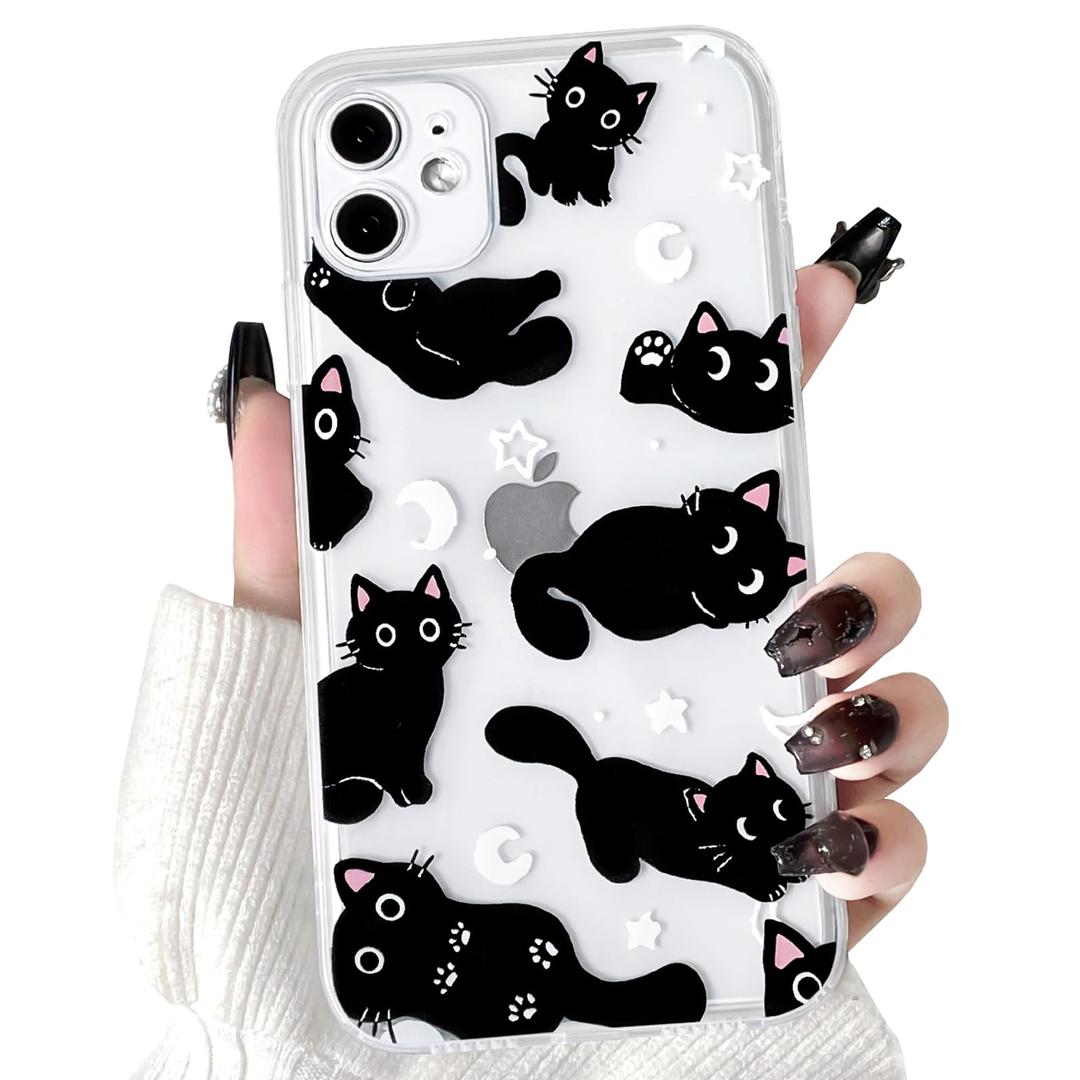 NITITOP Compatible with iPhone 11 Case Clear Cute Stylish Cats Moon Star Pattern for Girls Women Soft TPU Transparent Shockproof Protective Phone Cover - White