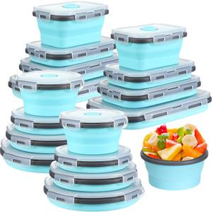 Yaomiao 16 Pack Collapsible Food Storage Containers with Lid Foldable 8 Pcs Rectangle Storage Bowl and 8 Pcs Round Silicone Food Bow for Lunch Rv Accessories Microwave Freezer Safe (Gray, Blue)