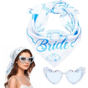 Bride Bandana and Blue Heart Sunglasses Set, Bride to Be Head Scarf Headband Something Blue Bachelorette Party Decorations Favors Accessories Bridal Shower Wedding Bridesmaid Gifts