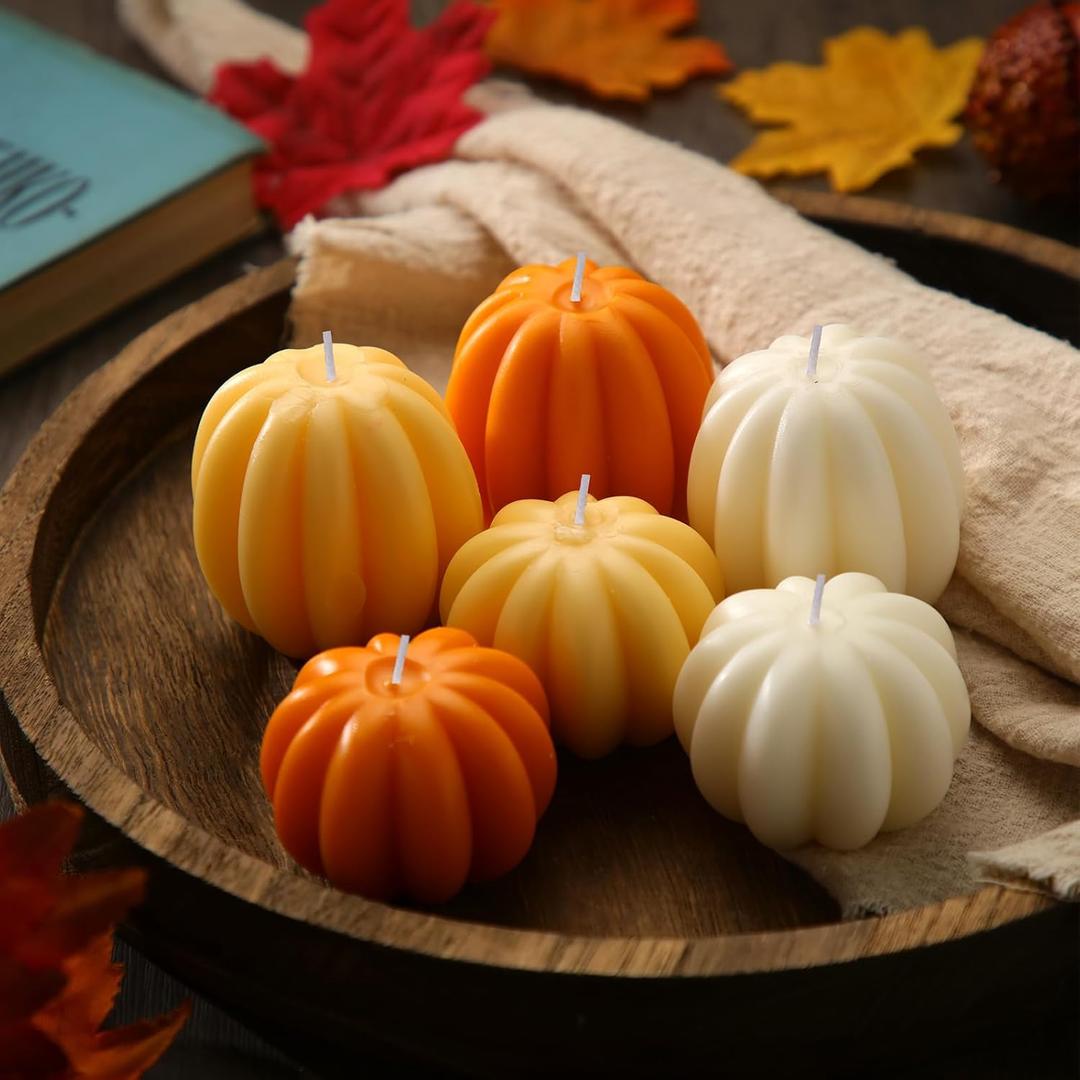 MTLEE 6 Pieces Fall Pumpkin Shaped Candles Thanksgiving Scented Tealight Candles Home Decor Handmade Thanksgiving Gifts for Bedroom Bathroom Party (Orange, White, Pumpkin) (Small)