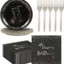 75PCS Happy Birthday Paper Plates Set, Black Sliver Crown Party Plate 6.5Inch Napkins 6.3 Inch Plastic Fork Tableware Dessert Plates Guests for Birthday Party Decoration-Serve 25
