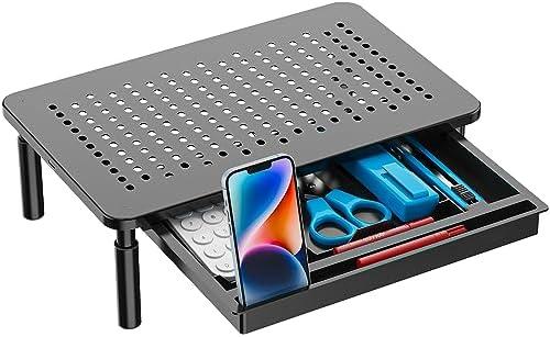 WALI Computer Monitor Stand with Storage, Desk Monitor Riser 3 Height Adjustable, Laptop Riser with Airflow Vents, Desk Organizer for Computer, Laptop, Printer, Notebook (STT003D-B), 1 Pack, Black