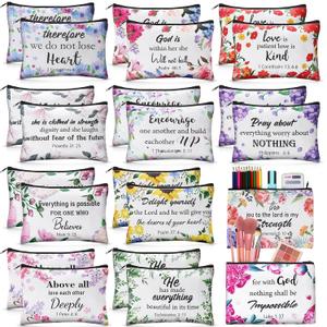 Qeeenar 24 Pcs Christian Makeup Bags Mother's Day Cosmetic Bags Inspirational Bible Verse Toiletry Pouch Canvas Motivational Pouch with Zipper for Women Organize Cosmetics Stationery Supply(Floral)