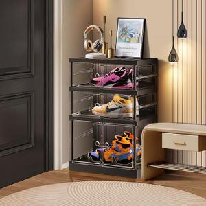 3 Tiers 6 Pairs Foldable Shoe Rack Storage Cabinet, Suitable for Closet Entryway, Collapsible Shoe Storage Organizer Cabinet with Magnetic Door，Easy Assembly (Black)